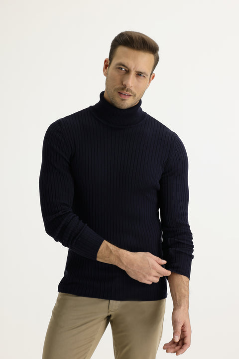 Koyu Lacivert Balıkçı Yaka Slim Fit Dar Kesim Triko Kazak