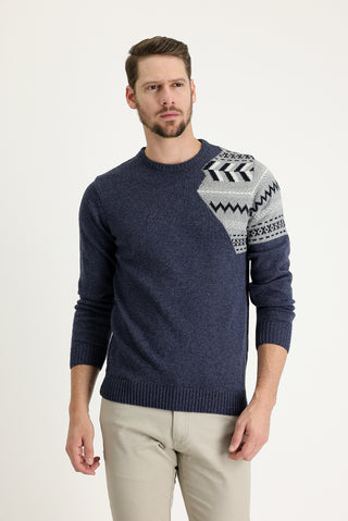  Havac? Mavi Bisiklet Yaka Slim Fit Desenli Yünlü Triko Kazak-Ki??l?