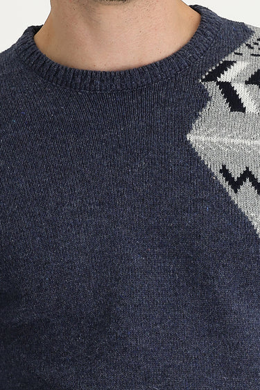 Havacı Mavi Bisiklet Yaka Desenli Yünlü Slim Fit Dar Kesim Triko Kazak