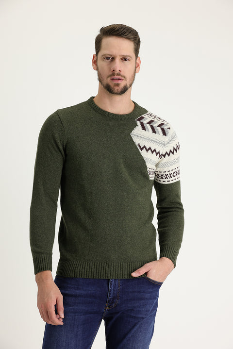 Orta Haki Bisiklet Yaka Slim Fit Desenli Yünlü Triko Kazak