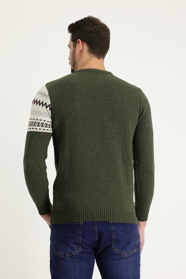 Orta Haki Bisiklet Yaka Desenli Yünlü Slim Fit Dar Kesim Triko Kazak