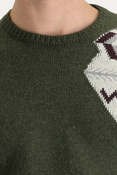 Orta Haki Bisiklet Yaka Desenli Yünlü Slim Fit Dar Kesim Triko Kazak