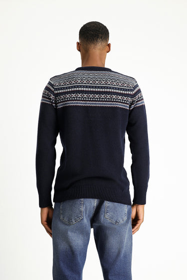  Koyu Lacivert Bisiklet Yaka Slim Fit Dar Kesim Yünlü Desenli Triko Kazak