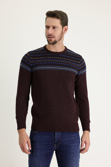 Şarap Bordo Bisiklet Yaka Slim Fit Dar Kesim Yünlü Desenli Triko Kazak