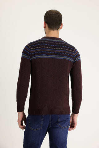  Şarap Bordo Bisiklet Yaka Slim Fit Dar Kesim Yünlü Desenli Triko Kazak