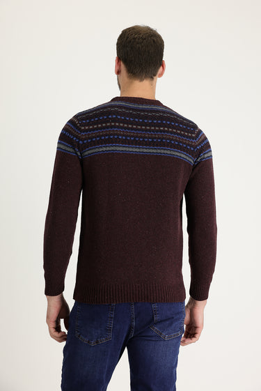 Şarap Bordo Bisiklet Yaka Slim Fit Dar Kesim Yünlü Desenli Triko Kazak