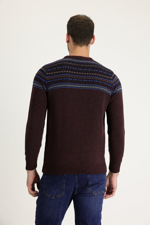 Wine Burgundy Crew Neck Slim Fit Narrow Cut Wool Patterned Knit Sweater