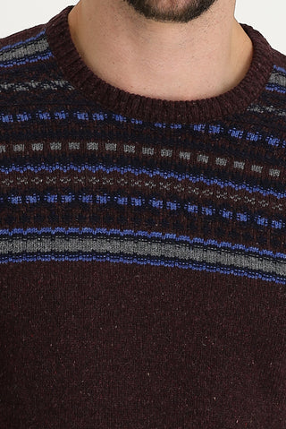 Şarap Bordo Bisiklet Yaka Slim Fit Dar Kesim Yünlü Desenli Triko Kazak