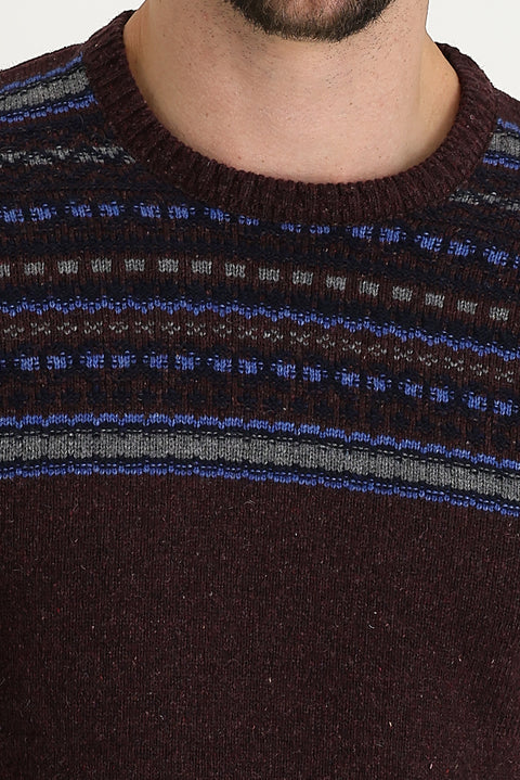 Şarap Bordo Bisiklet Yaka Slim Fit Dar Kesim Yünlü Desenli Triko Kazak