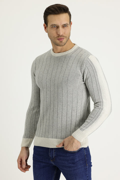 Light Grey Crew Neck Slim Fit Narrow Cut Wool Patterned Knit Sweater