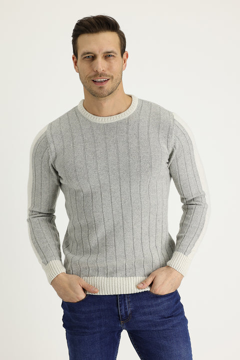 Light Grey Crew Neck Slim Fit Narrow Cut Wool Patterned Knit Sweater