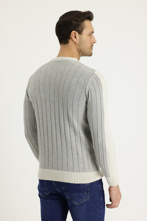 Light Grey Crew Neck Slim Fit Narrow Cut Wool Patterned Knit Sweater