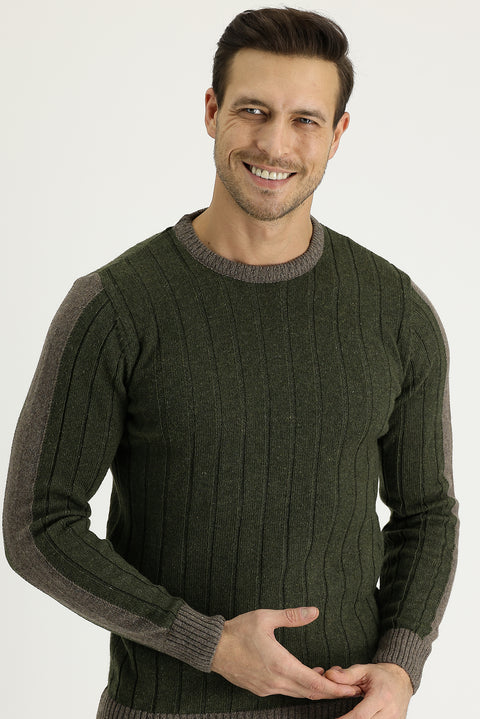 Medium Khaki Crew Neck Slim Fit Narrow Cut Wool Patterned Knit Sweater