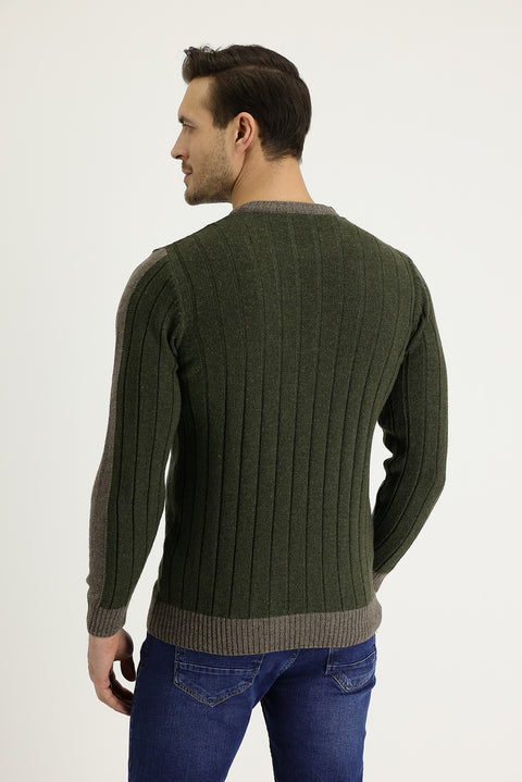 Medium Khaki Crew Neck Slim Fit Narrow Cut Wool Patterned Knit Sweater