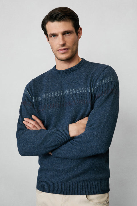 Havacı Mavi Bisiklet Yaka Regular Fit Yünlü Desenli Triko Kazak