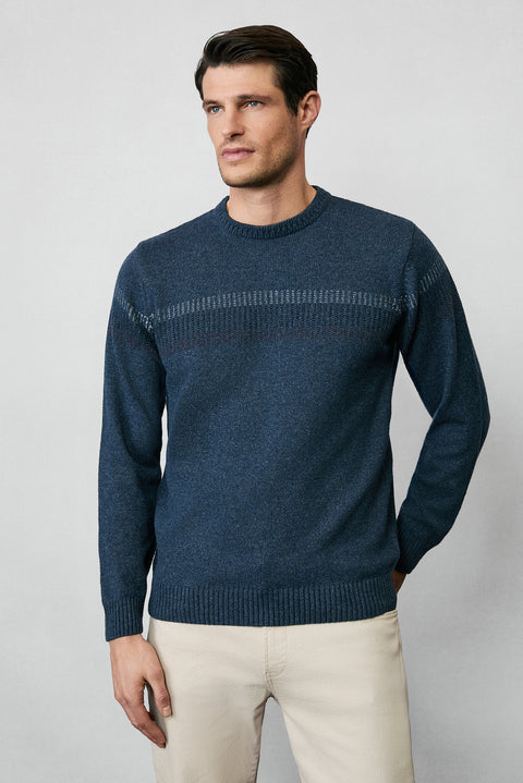 Havacı Mavi Bisiklet Yaka Regular Fit Yünlü Desenli Triko Kazak