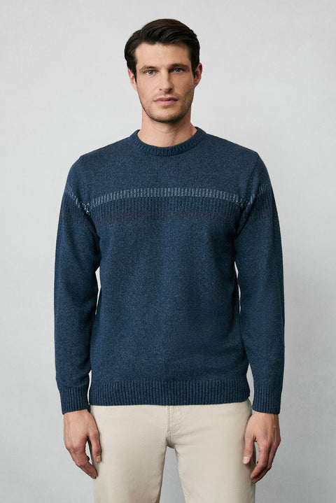 Havacı Mavi Bisiklet Yaka Regular Fit Yünlü Desenli Triko Kazak