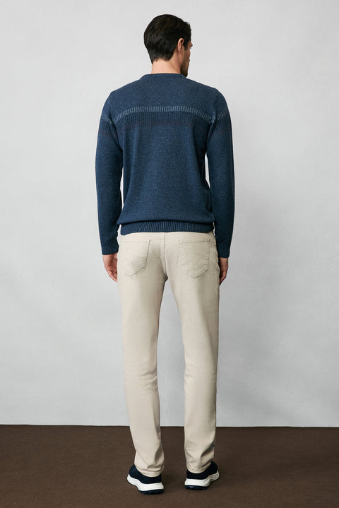 Havacı Mavi Bisiklet Yaka Regular Fit Yünlü Desenli Triko Kazak