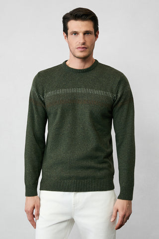  Orta Haki Bisiklet Yaka Regular Fit Yünlü Desenli Triko Kazak