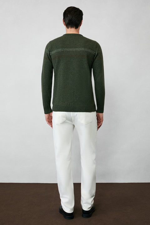 Orta Haki Bisiklet Yaka Regular Fit Yünlü Desenli Triko Kazak