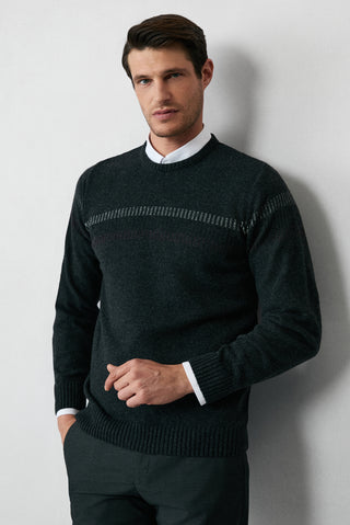  Orta Antrasit Bisiklet Yaka Regular Fit Yünlü Desenli Triko Kazak