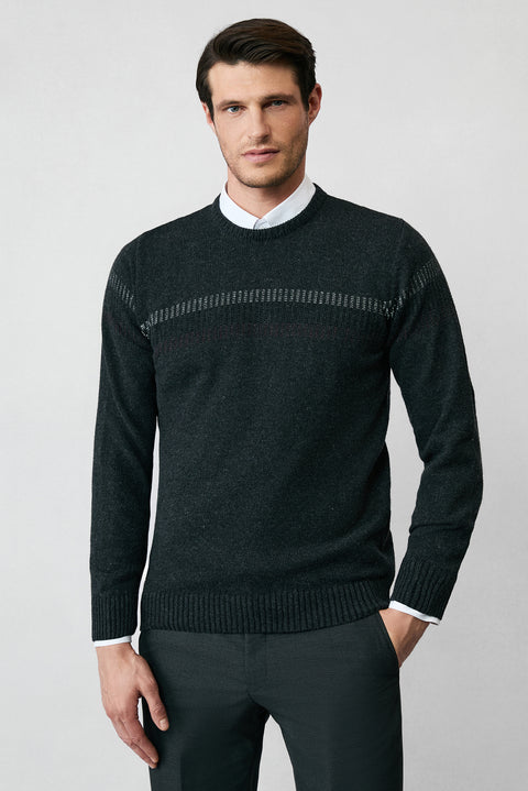 Orta Antrasit Bisiklet Yaka Regular Fit Yünlü Desenli Triko Kazak