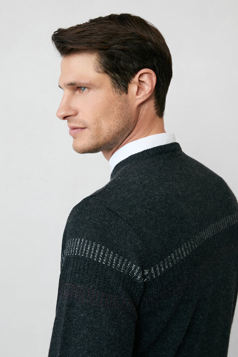 Orta Antrasit Bisiklet Yaka Regular Fit Yünlü Desenli Triko Kazak