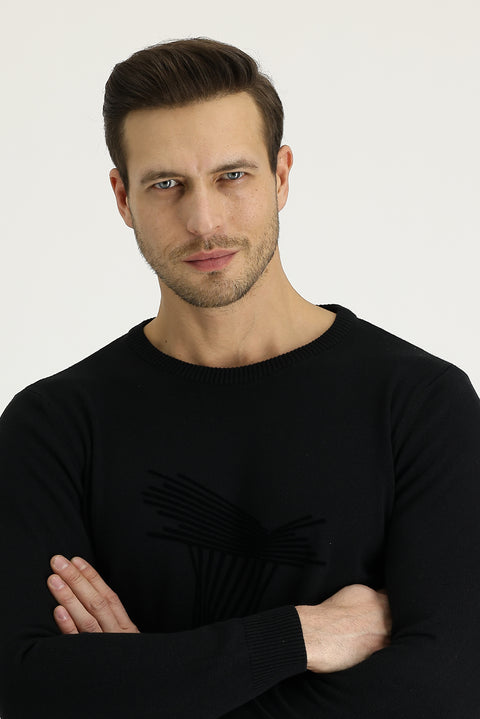 Siyah Bisiklet Yaka Slim Fit Dar Kesim Desenli Triko Kazak