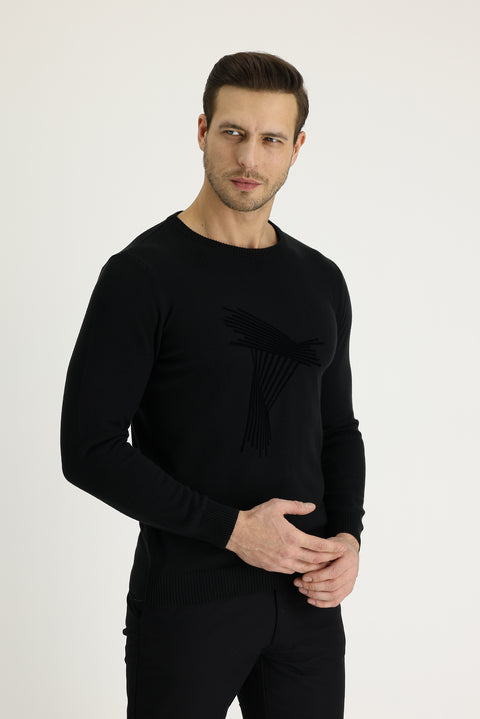 Siyah Bisiklet Yaka Slim Fit Dar Kesim Desenli Triko Kazak