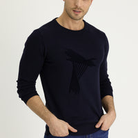 Koyu Lacivert Bisiklet Yaka Slim Fit Dar Kesim Desenli Triko Kazak