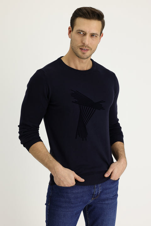 Koyu Lacivert Bisiklet Yaka Slim Fit Dar Kesim Desenli Triko Kazak