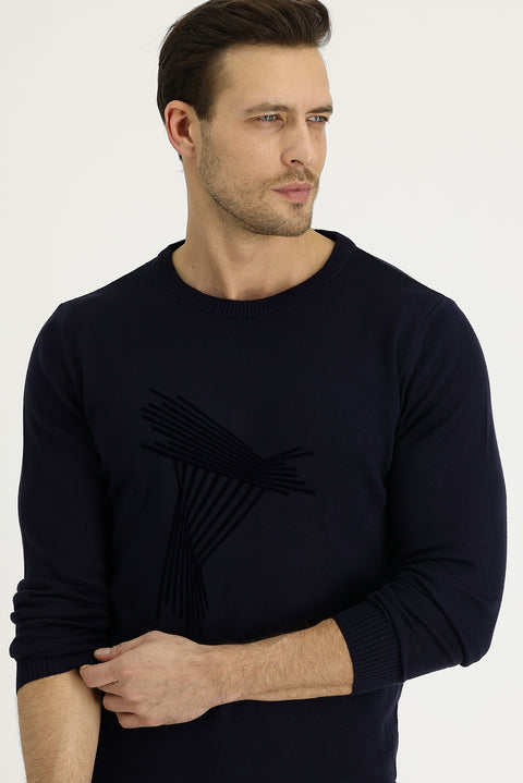 Koyu Lacivert Bisiklet Yaka Slim Fit Dar Kesim Desenli Triko Kazak