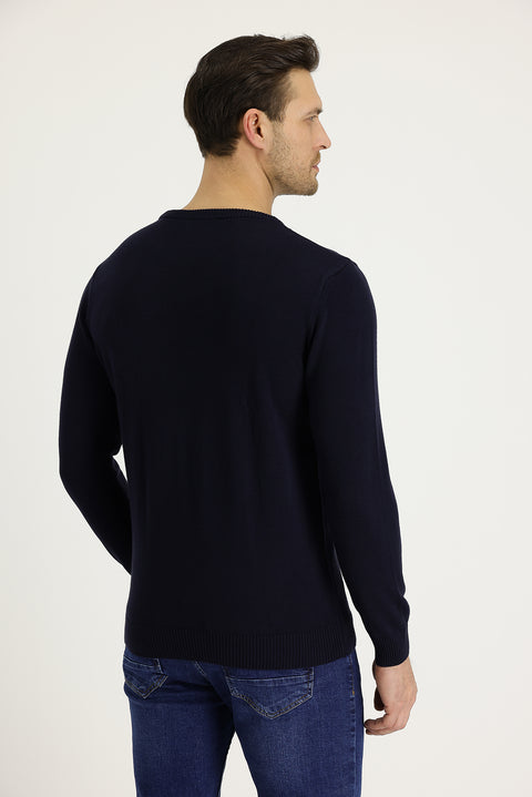 Koyu Lacivert Bisiklet Yaka Slim Fit Dar Kesim Desenli Triko Kazak