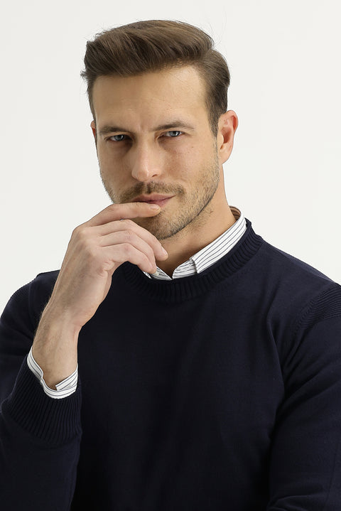 Koyu Lacivert Bisiklet Yaka Slim Fit Dar Kesim Triko Kazak