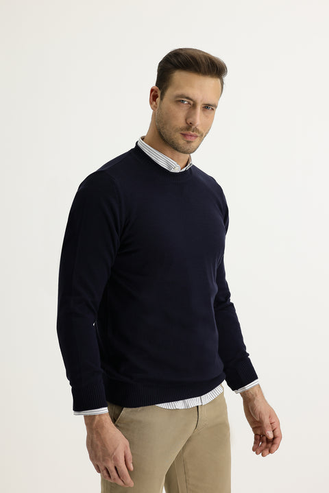 Koyu Lacivert Bisiklet Yaka Slim Fit Dar Kesim Triko Kazak