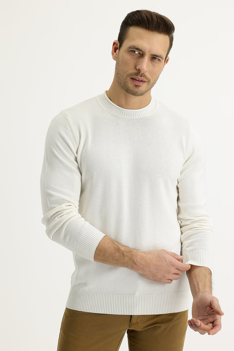 Ekru Bisiklet Yaka Slim Fit Dar Kesim Pamuklu Triko Kazak