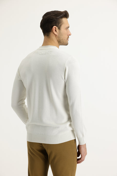 Ekru Bisiklet Yaka Slim Fit Dar Kesim Pamuklu Triko Kazak