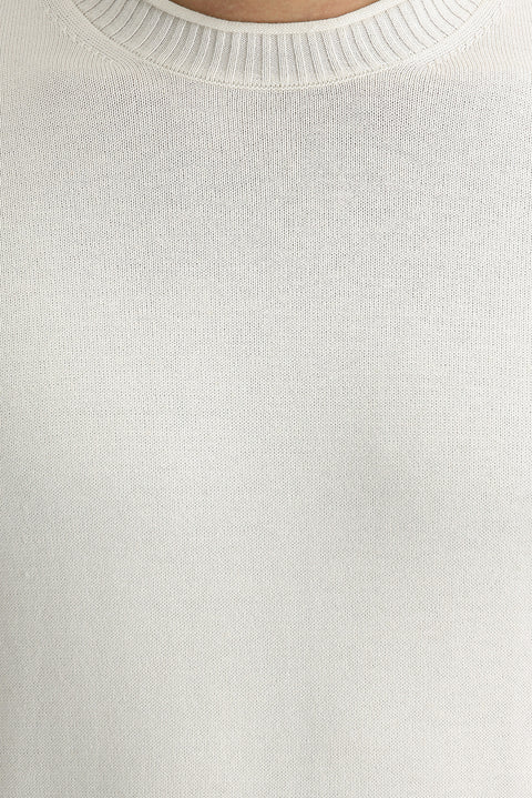 Ekru Bisiklet Yaka Slim Fit Dar Kesim Pamuklu Triko Kazak