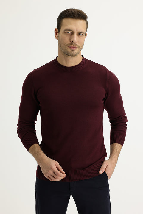 Açık Bordo Bisiklet Yaka Slim Fit Dar Kesim Pamuklu Triko Kazak