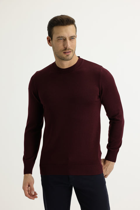 Açık Bordo Bisiklet Yaka Slim Fit Dar Kesim Pamuklu Triko Kazak