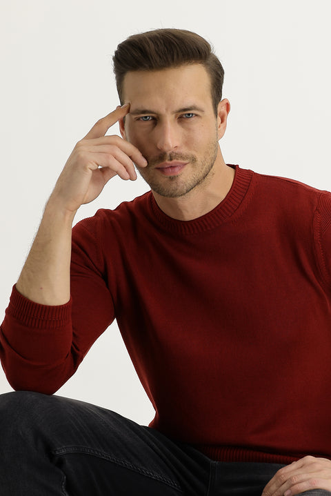 Kiremit Bisiklet Yaka Slim Fit Dar Kesim Pamuklu Triko Kazak