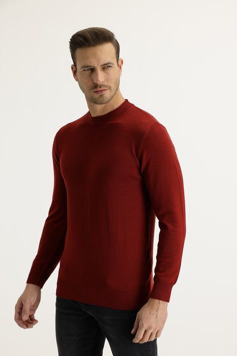 Kiremit Bisiklet Yaka Slim Fit Dar Kesim Pamuklu Triko Kazak