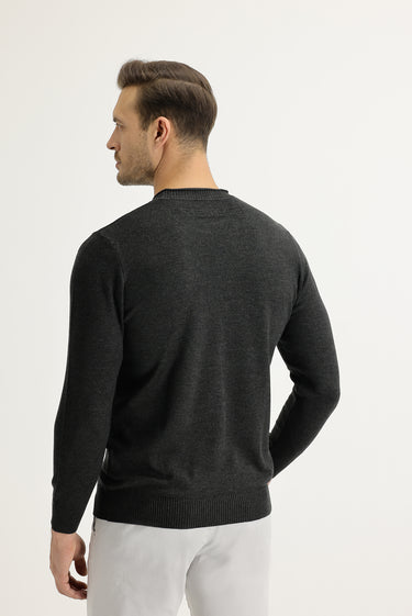 Koyu Antrasit Bisiklet Yaka Slim Fit Dar Kesim Triko Kazak