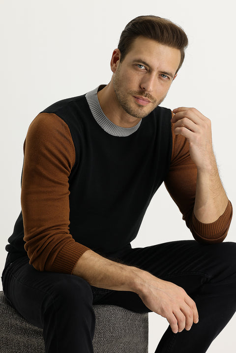 Siyah Bisiklet Yaka Slim Fit Dar Kesim Pamuklu Triko Kazak