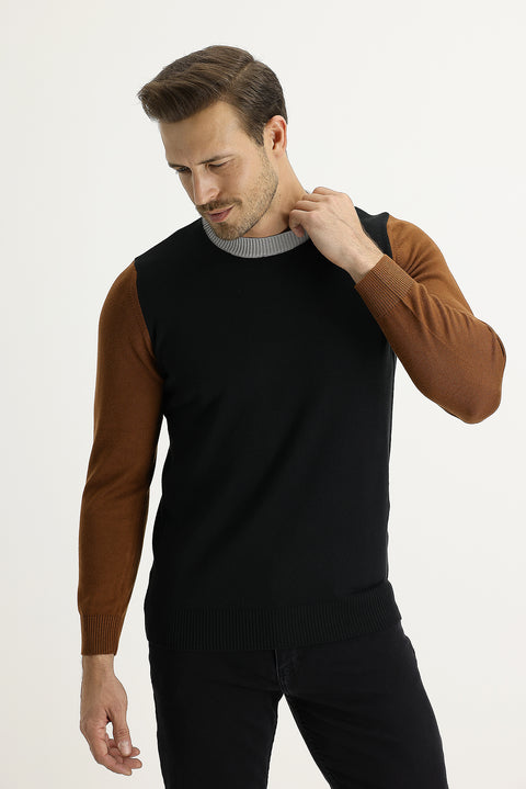 Siyah Bisiklet Yaka Slim Fit Dar Kesim Pamuklu Triko Kazak