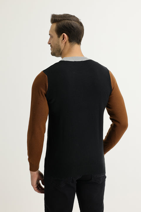 Siyah Bisiklet Yaka Slim Fit Dar Kesim Pamuklu Triko Kazak