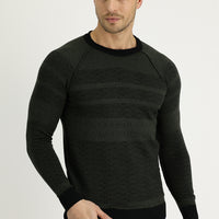Siyah Bisiklet Yaka Regular Fit Desenli Triko Kazak