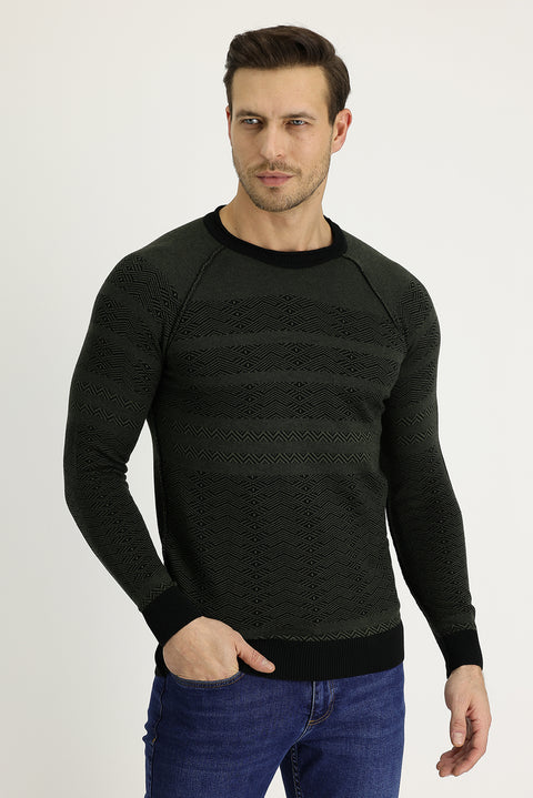 Siyah Bisiklet Yaka Regular Fit Desenli Triko Kazak