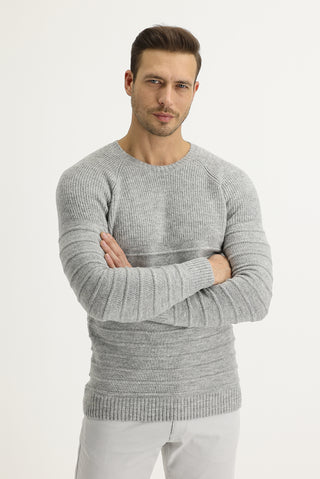  Açık Gri Melanj Bisiklet Yaka Slim Fit Dar Kesim Yünlü Desenli Triko Kazak