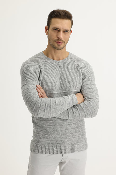 Açık Gri Melanj Bisiklet Yaka Slim Fit Dar Kesim Yünlü Desenli Triko Kazak